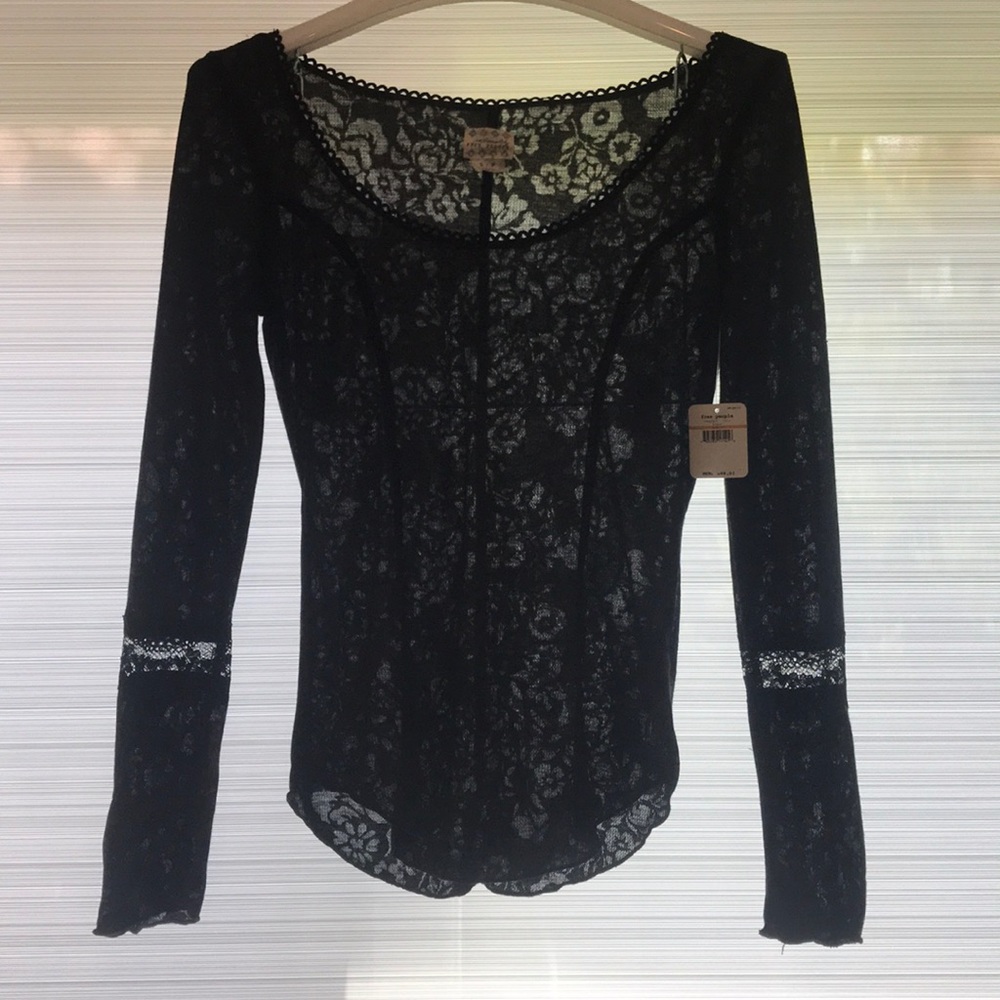 Free People Black Lace Long Sleeve T-shirt